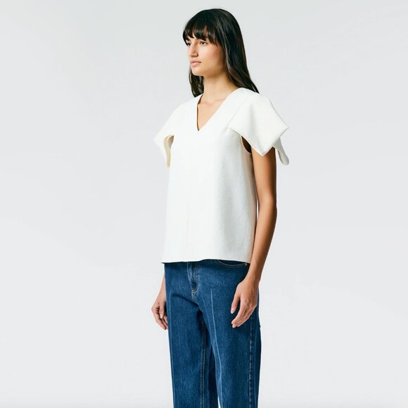 Tibi Chalky Drape V-Neck Top With Folded Sleeve in White, size 12 - Picture 4 of 12